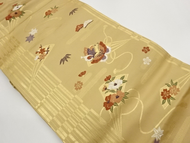 Nagoya obi woven with fan, flowers, pine, bamboo, and butterfly patterns